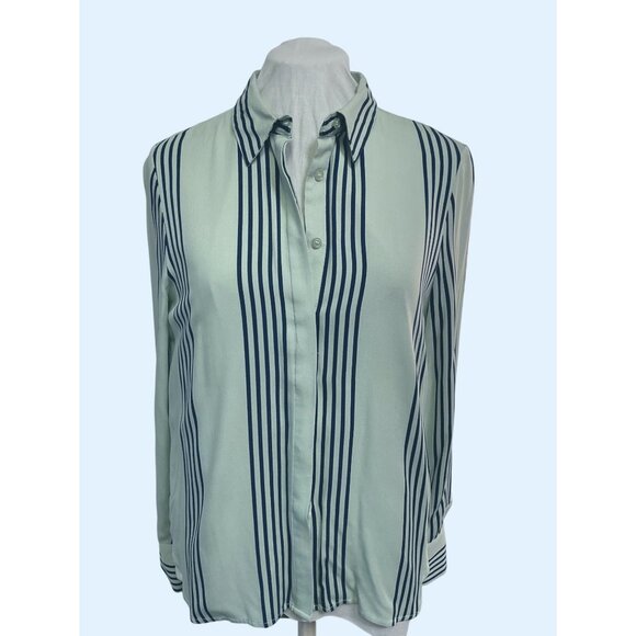 ICHI Pistachio & Navy Striped Soft Viscose Button-Down Blouse S - Picture 1 of 5